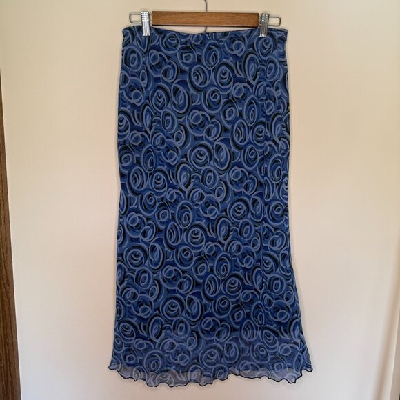 Y2K Ruffle Hem 90s Midi‎ Skirt Size Large Swirls Printed Design 35th and 10th - Picture 2 of 4
